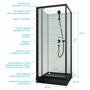 Cabine de douche carrée 80x80x200cm - Porte pivotante - Fonds Blancs - Receveur et Profilés Noirs