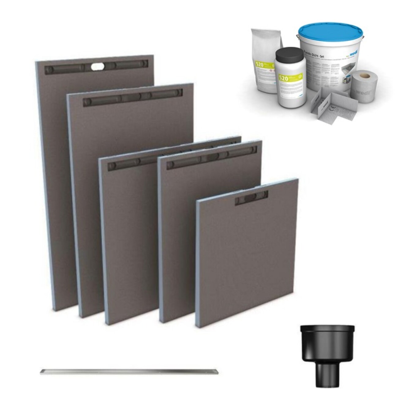 Receveur à carreler WEDI Fundo Riolito Neo + barrette de finition inox + bonde vertical + kit d'étanchéité 180 x 90 cm