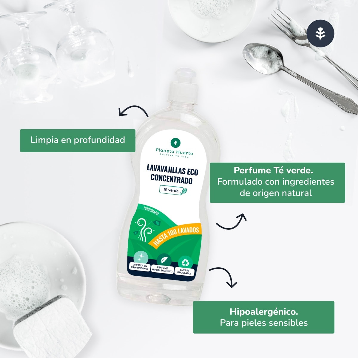 PLANETA HUERTO | Lavavajillas Manual Concentrado con Extracto de Té Verde Ecológico en Formato de 750ml Limpieza Eficiente y Respetuosa