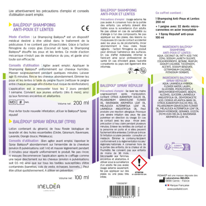 PEDIAKID - Traitement complet Balépou® anti-poux et lentes - 1 Shampoing Anti-Poux et Lentes 200 ml + 1 Spray Répulsif 100 ml + 1 peigne