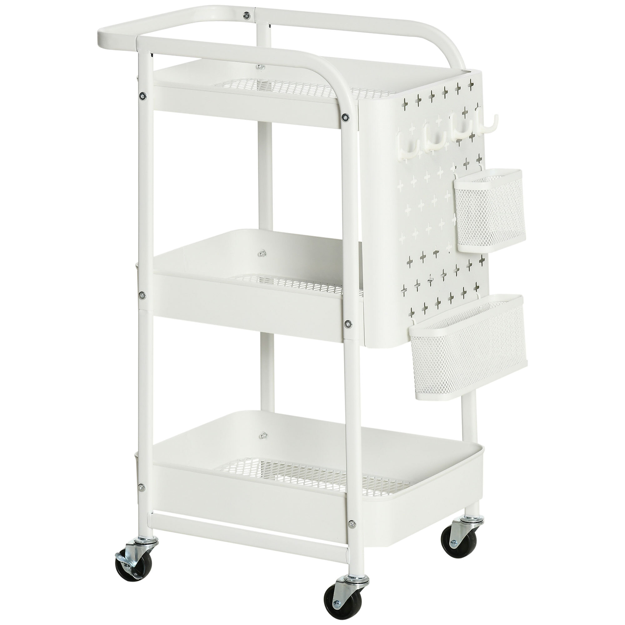 HOMCOM Carrito de Cocina de Acero con Ruedas Carro de Almacenamiento de 3 Niveles 4 Ganchos Asa 2 Cestas Colgantes y Frenos para Baño Salón Dormitorio 51,5x32x75,6 cm Blanco