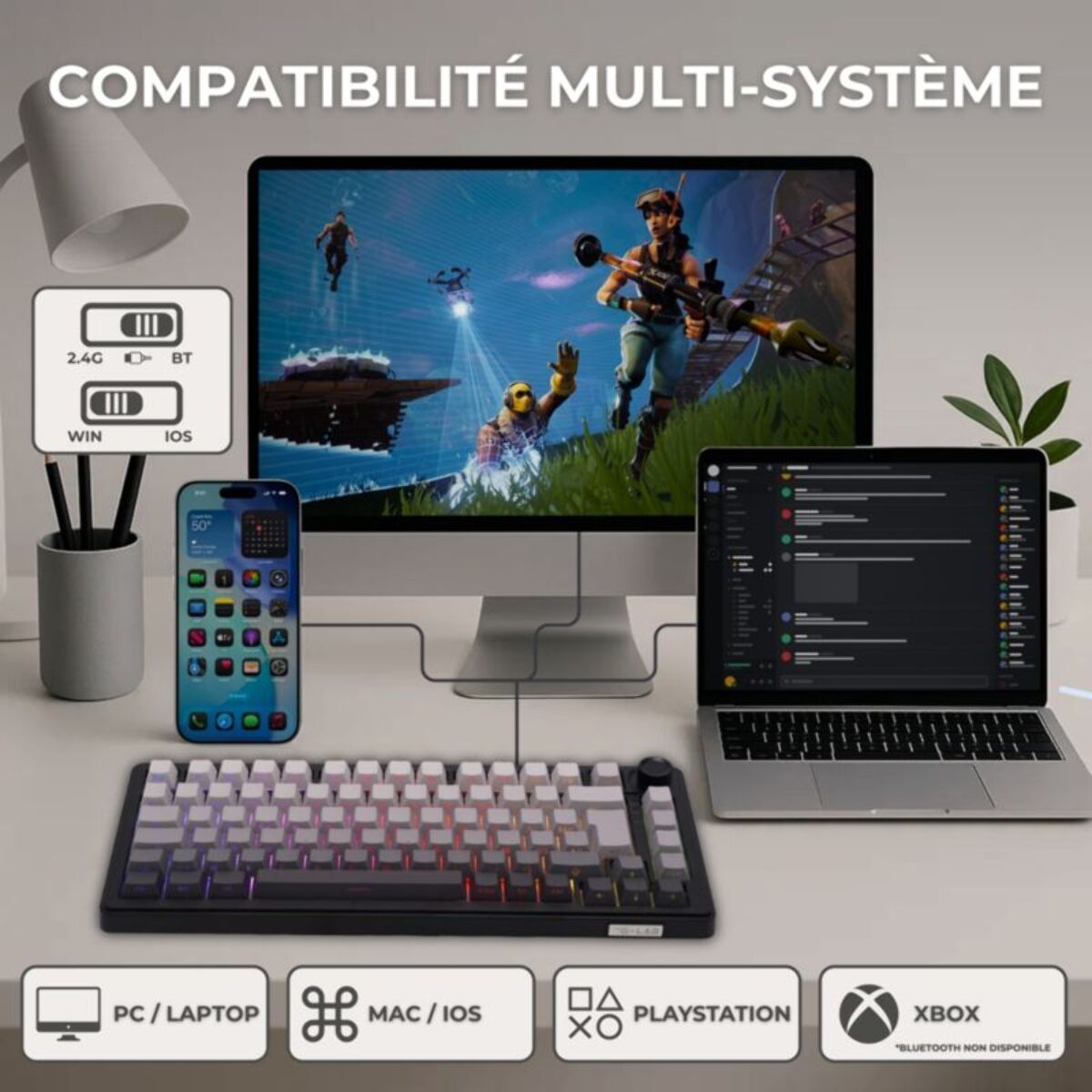 Clavier gamer sans fil THE G-LAB Keyz Elite 300 RGB Triple Mode Gris