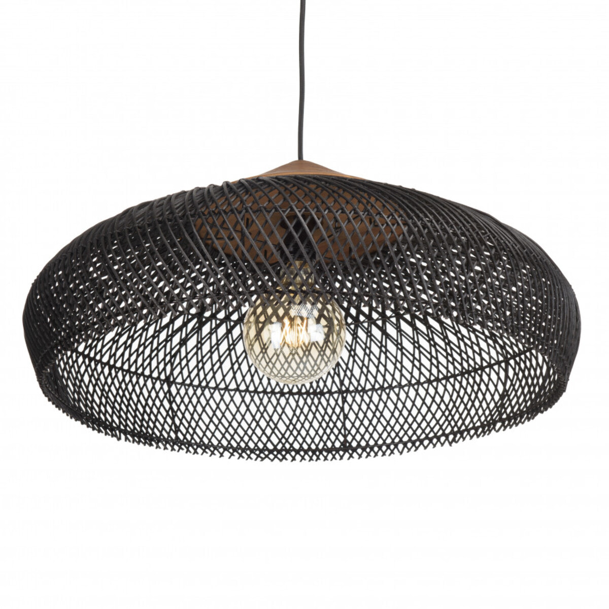 ALIDA - Suspension 65x65cm en rotin couleur noire et teck recyclé