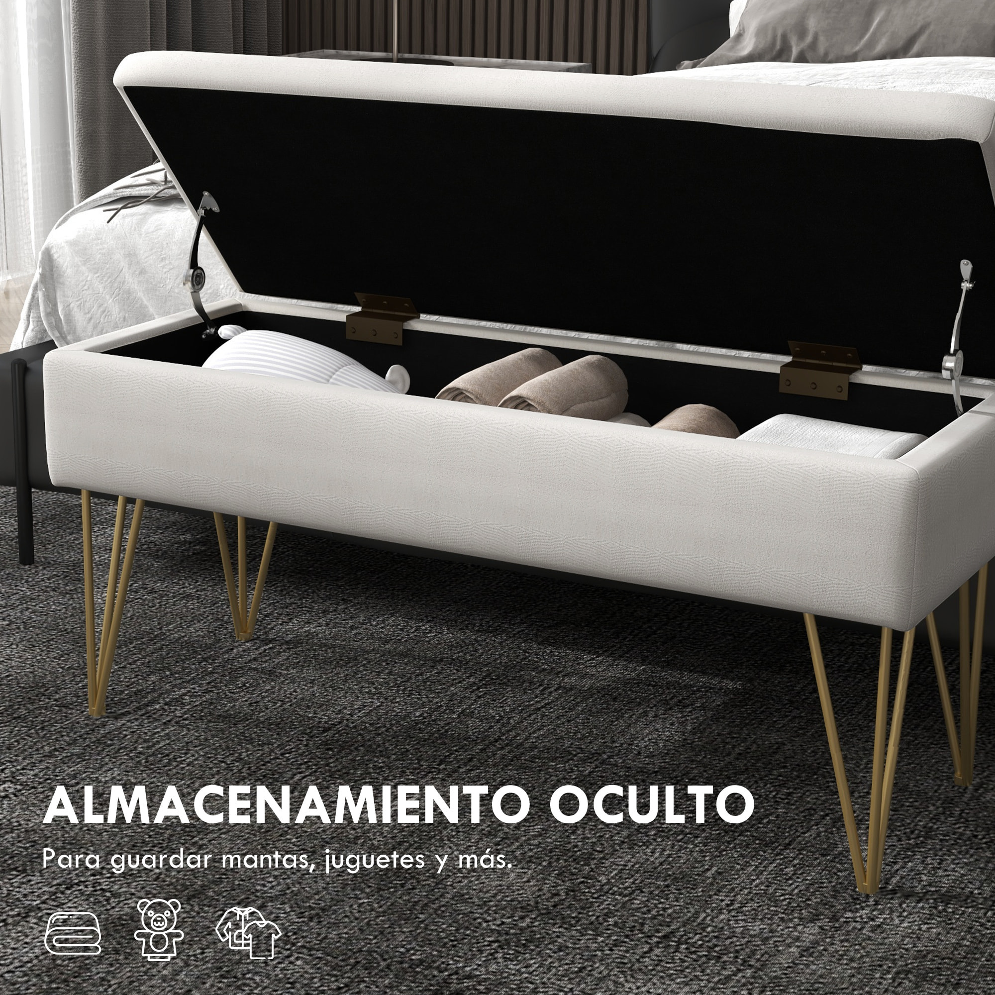Banco Pie de Cama, Taburete Pie de Cama Tapizado en Lino Sintético con Patas de Acero y Asiento Acolchado, Estilo Moderno, Banco para Dormitorio, Entrada, Pasillo, Crema