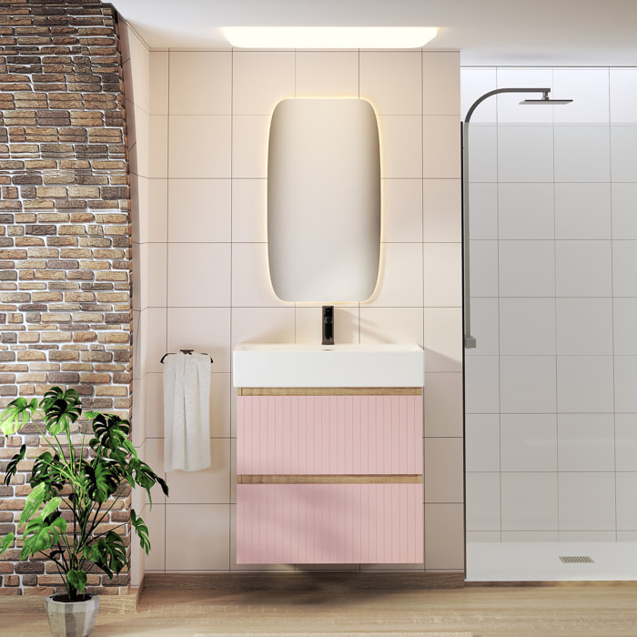 Ensemble de Salle de Bain Zel | Meuble Suspendu | 70 cm Rose | Deux Tiroirs | Lavabo Encastré | Miroir non inclus | Meuble Monté | Alday