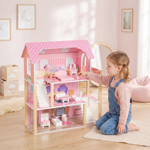 AIYAPLAY Casa de Muñecas de Madera 3 Pisos con Balcón, Escaleras y 10 Muebles, Casita de Muñecas para Niñas, Juguete de Imitación para Niños de 3 a 6 Años, Rosa