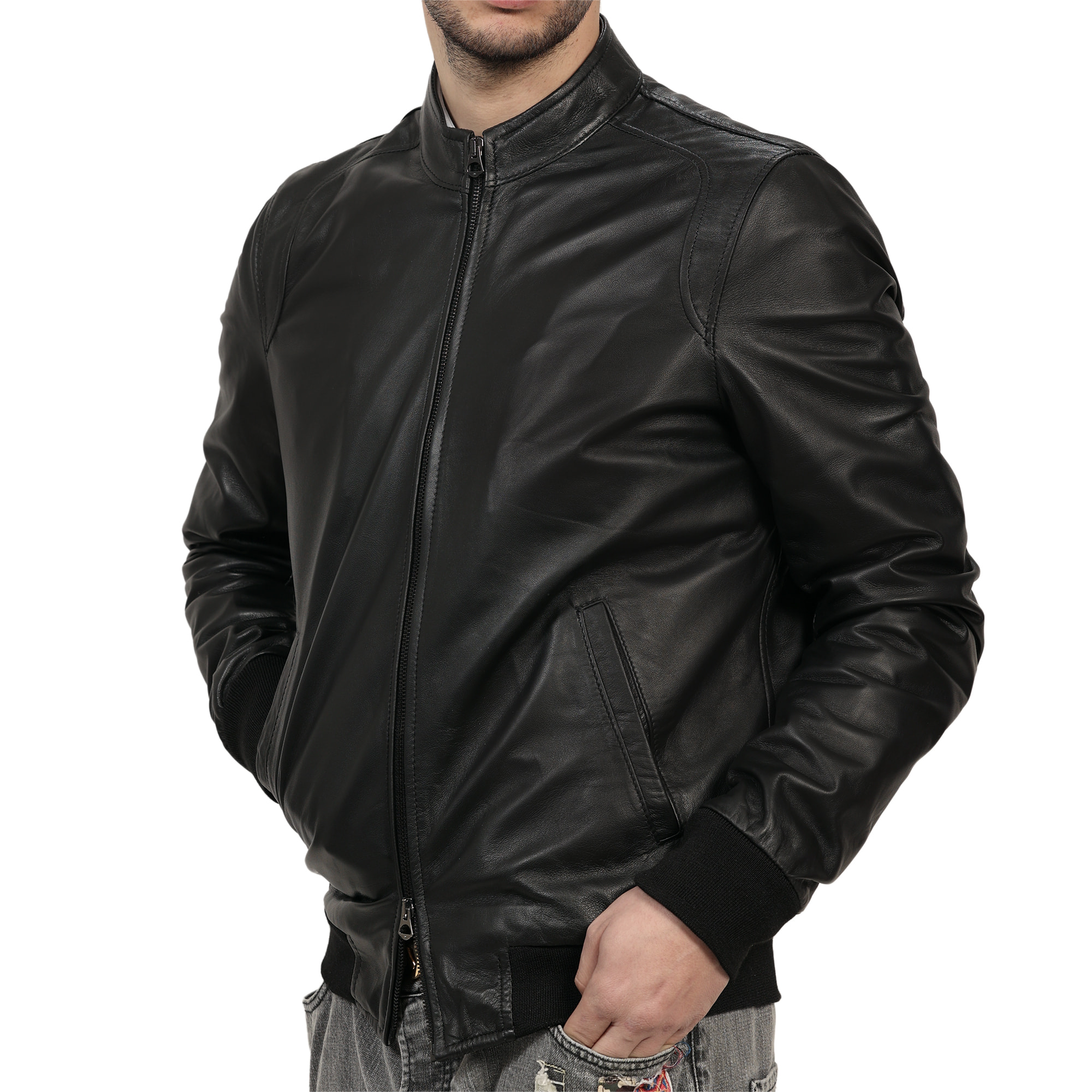 Giubbino in vera pelle di vitello Nero-Slim Fit