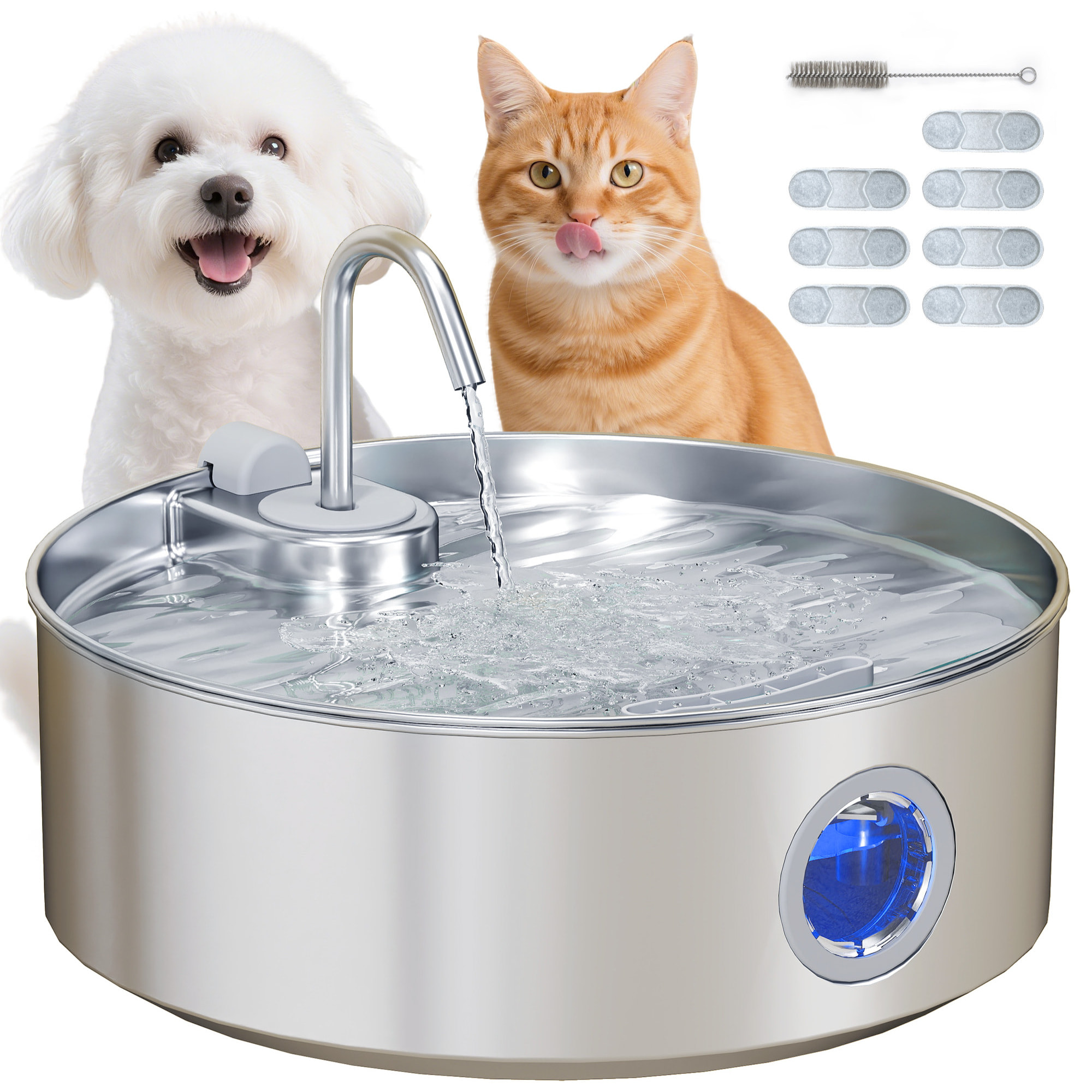 Fuente para Gatos de Acero Inoxidable 7L Bebedero Gatos Grande Silencioso Fuente de Agua para Mascotas Automático con Sistema de Filtros Luz LED y Bomba Súper Silenciosa
