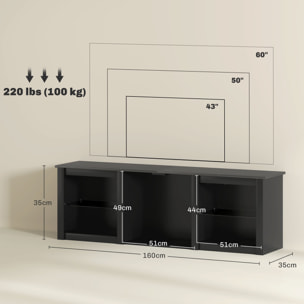 Meuble TV design LED - banc TV contemporain - 2 étagères verre, grande niche et plateau - dim. 160 x 35 x 35 cm - noir