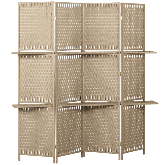 Paravent intérieur 4 panneaux 2 étagères pliables séparateur de pièce bois de pin bambou fibres de papier tressée beige paille