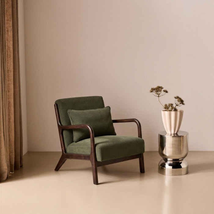 Fauteuil scandinave bois d'hévéa teinté wengé et velours côtelé LORENS
