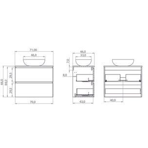 Conjunto de Baño Nia | Mueble Suspendido | 70 cm Glaciar | Dos Cajones | Lavabo Sobrepuesto | No incluye Espejo | Mueble Montado| Alday