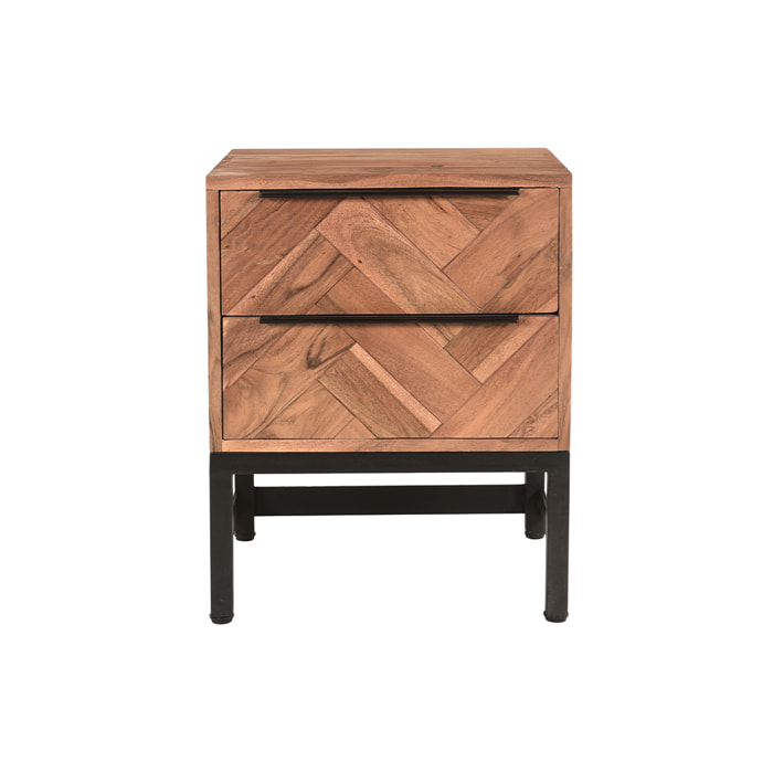 Table de chevet avec rangements 2 tiroirs à motifs chevrons en bois massif et métal noir STICK