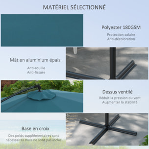 Parasol déporté octogonal inclinable Ø 2,93 x 2,60 m avec pied métal époxy alu bleu canard