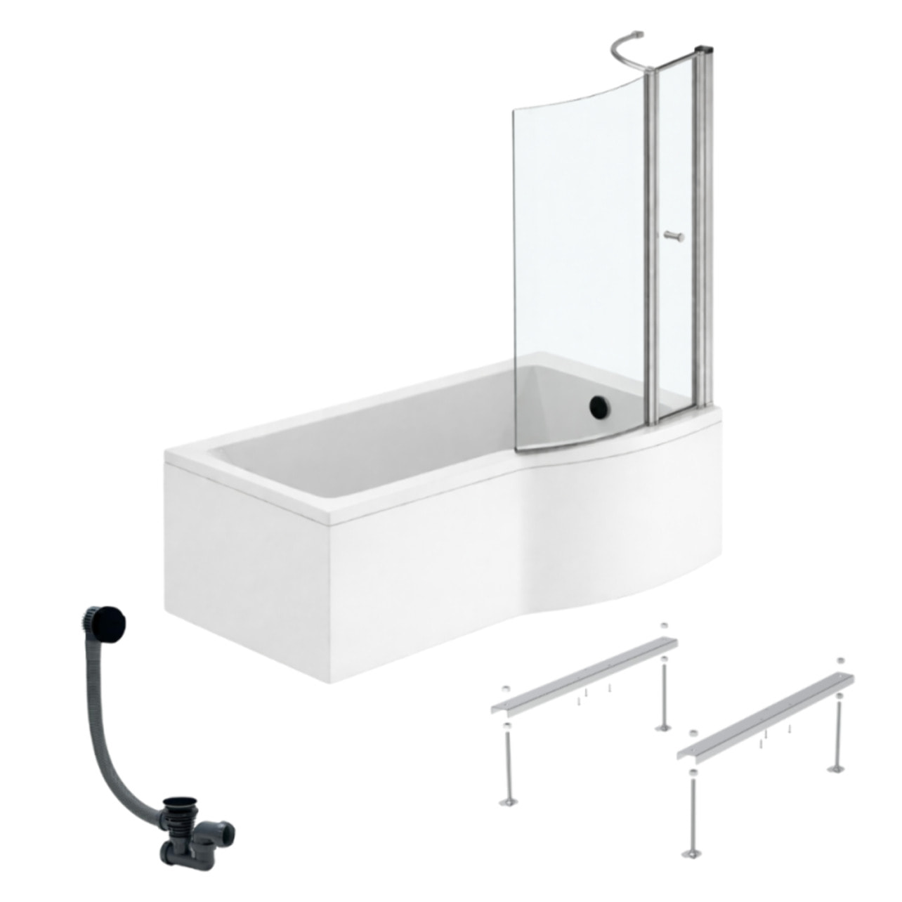 Pack baignoire bain douche 150 x 80 cm droite Connect Air + tablier + pare bain avec volet  + pieds + vidage Noir