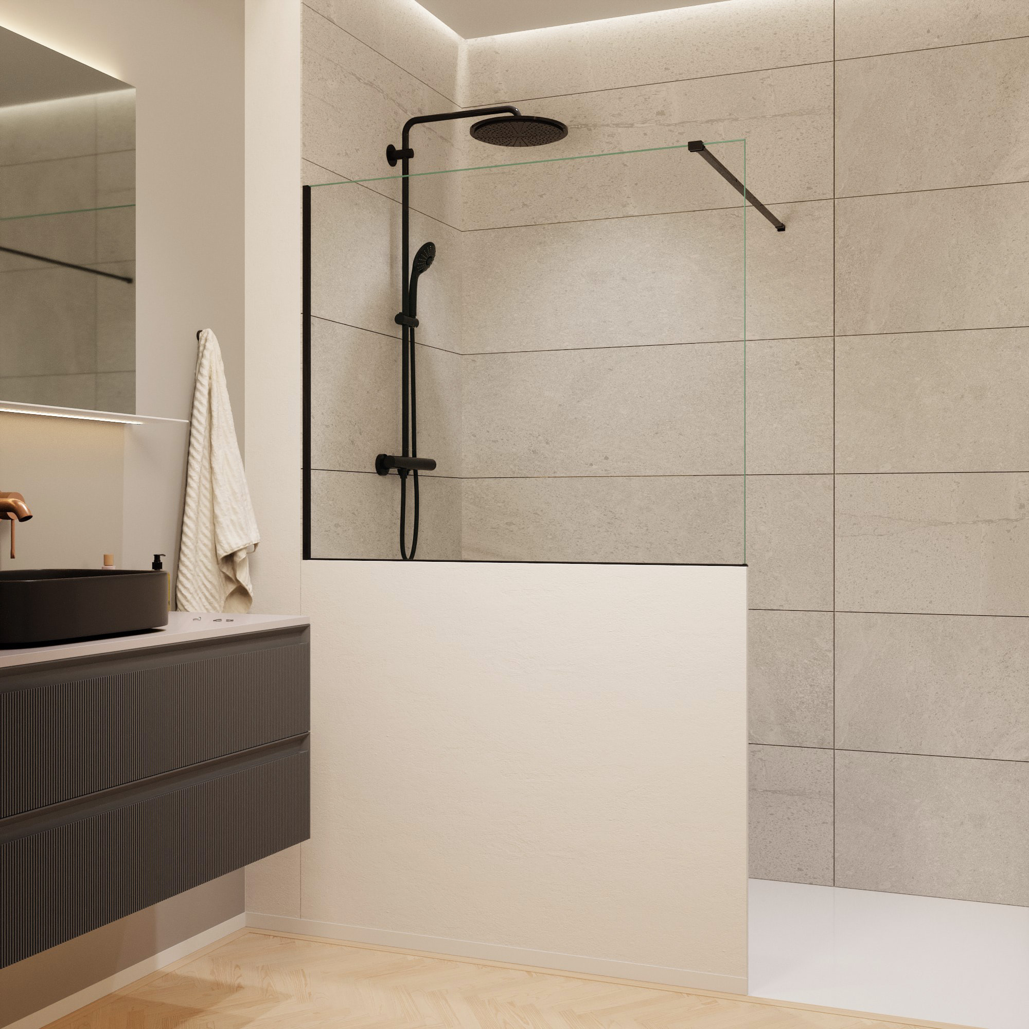 Pare-muret 120x100cm Paroi en verre Crystal Glass® 8 mm anticalcaire, avec bras et profilés noir mat (SATBWIS120PRC)