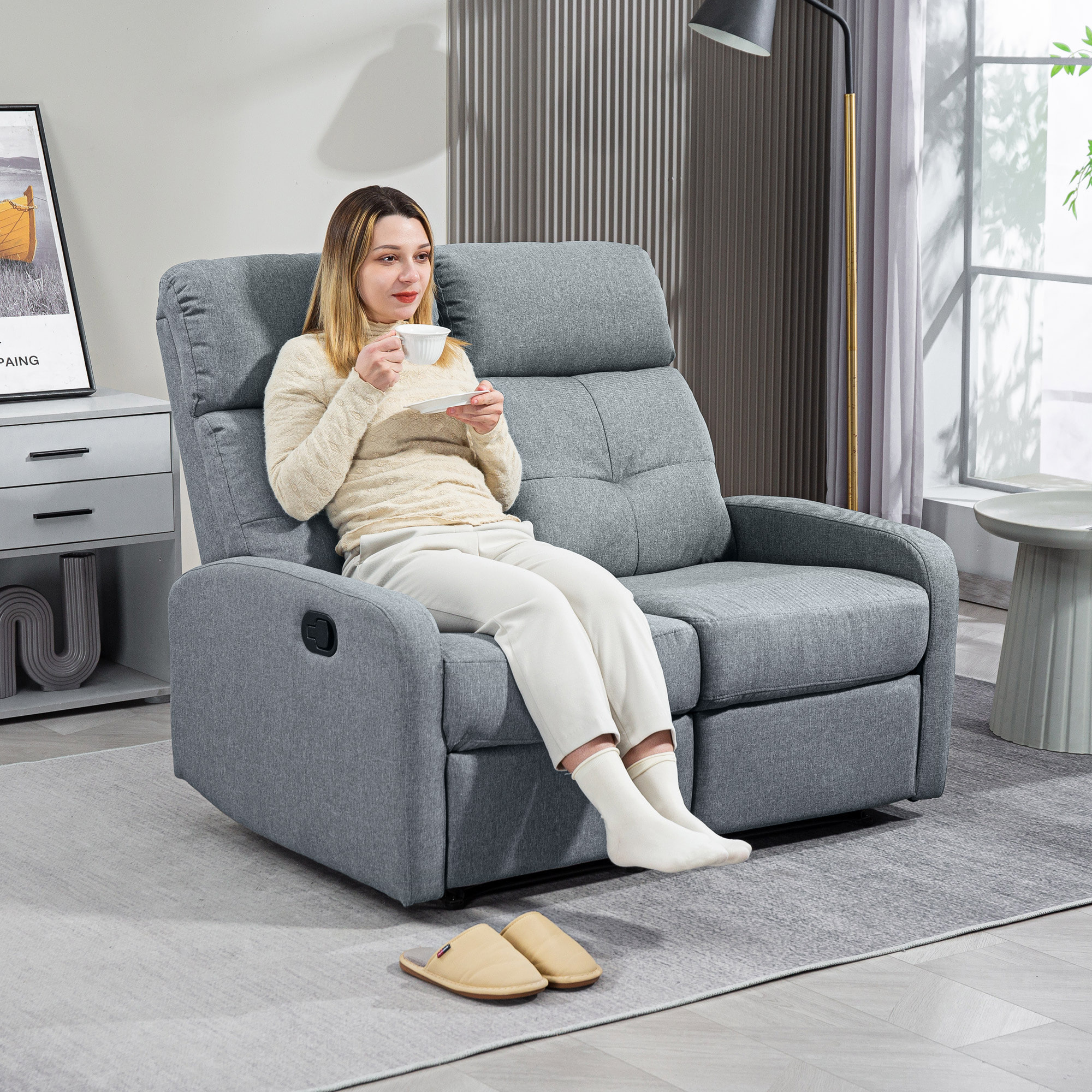 Sofá de 2 Plazas Reclinable Manual Sofá Relax Tapizado en Lino con Respaldo Ajustable por Separado Reposapiés Muelles Ensacados y Acolchado Grueso para Dormitorio Salón 118x95x101 cm Gris