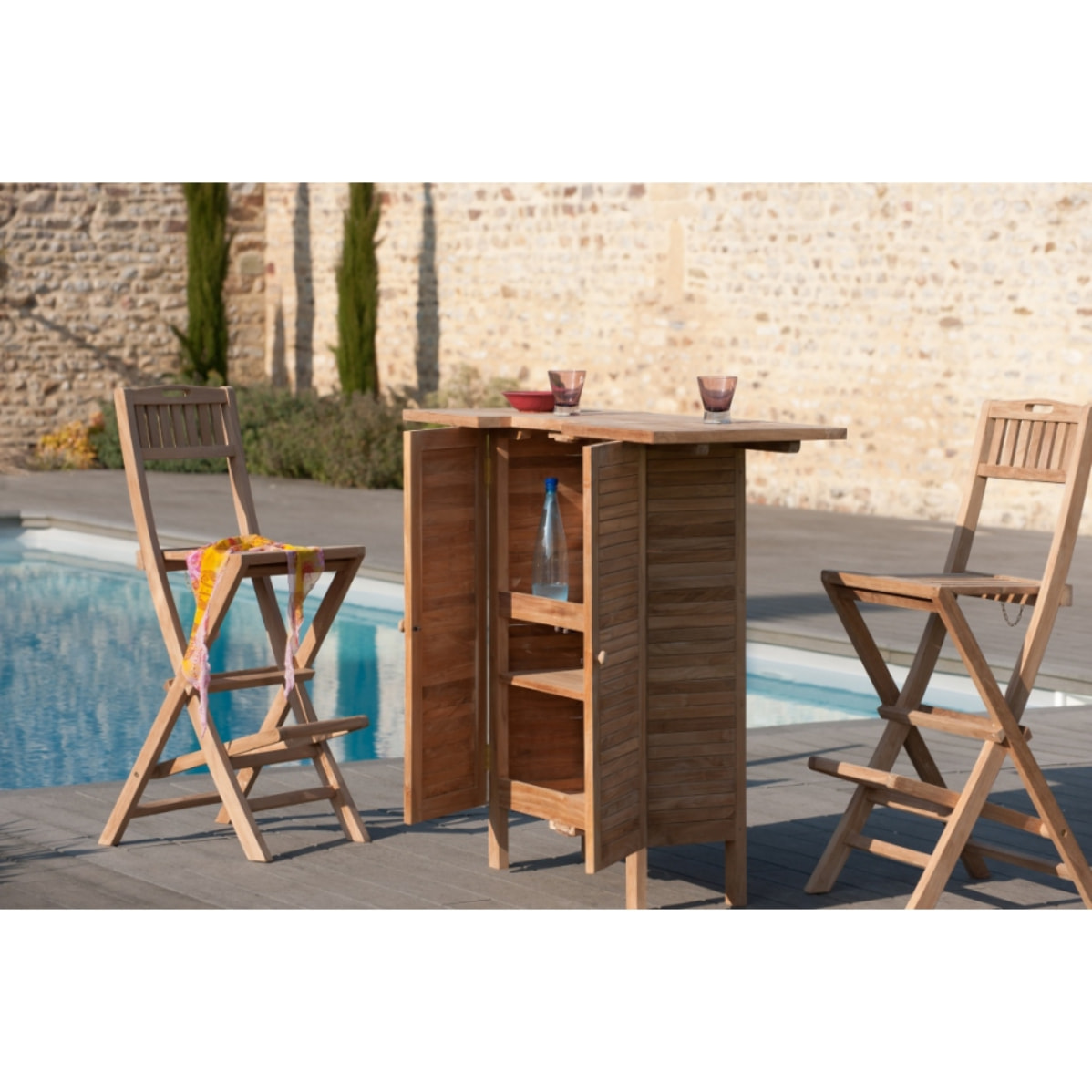 HARRIS - Chaise pliante de bar jardin en bois Teck