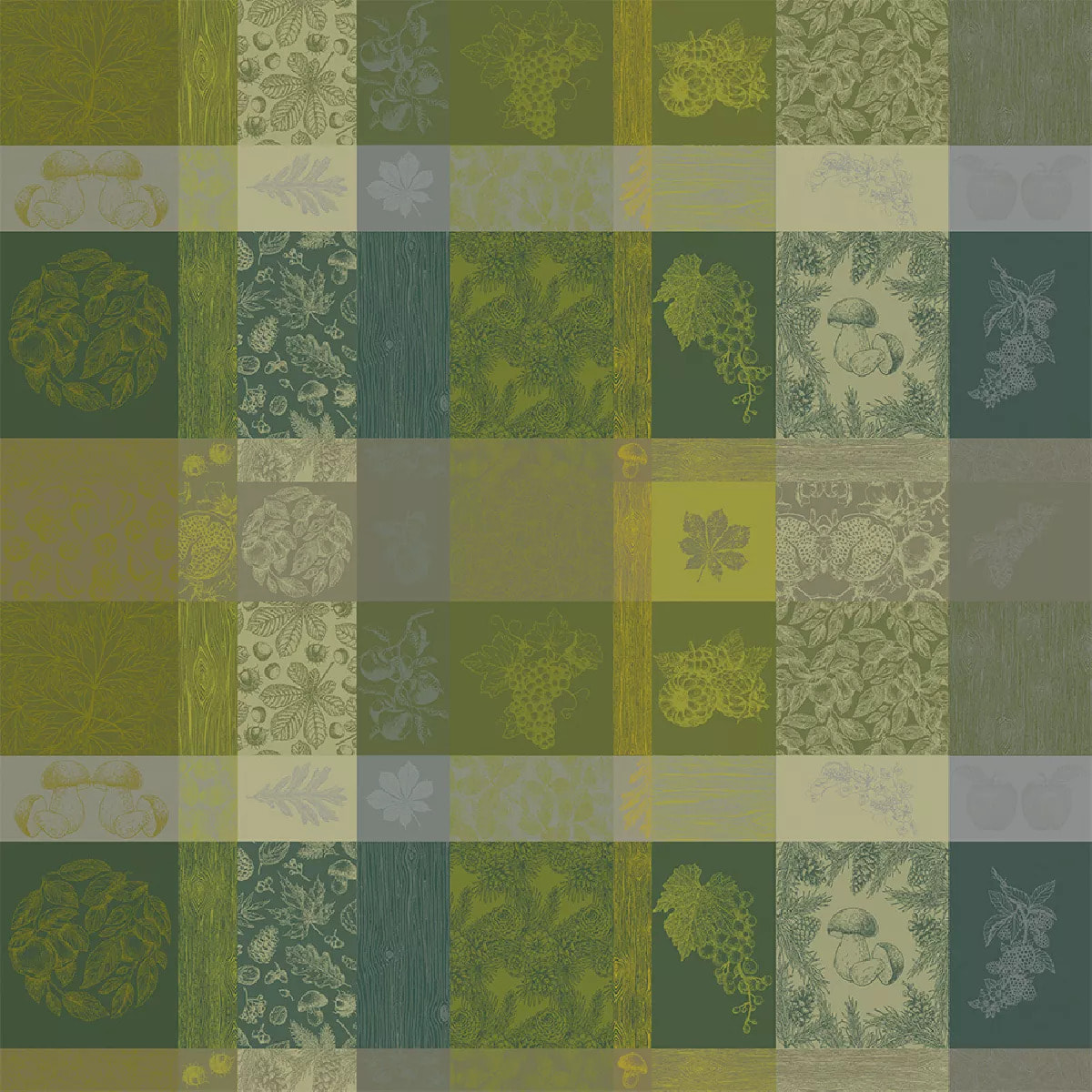 Nappe pur coton enduit motif jacquard vert Mille bois d'automne mousse