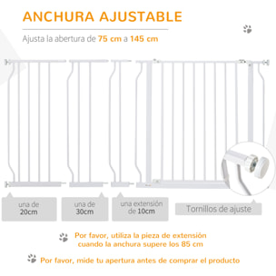 Barrera de Seguridad de Perros Extensible para Escaleras y Puertas 75-145 cm con 3 Extensiones de 10/20/30 cm Montaje a Presión Acero Altura 76 cm Blanco