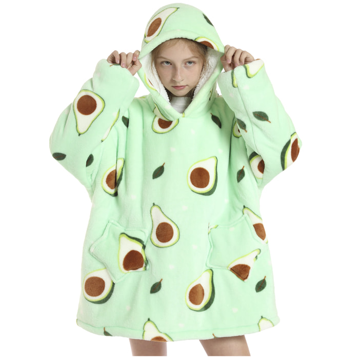 Vestaglia per bambini in stile felpa e morbidissima coperta in peluche. Tasche anteriori. Disegno degli avocado