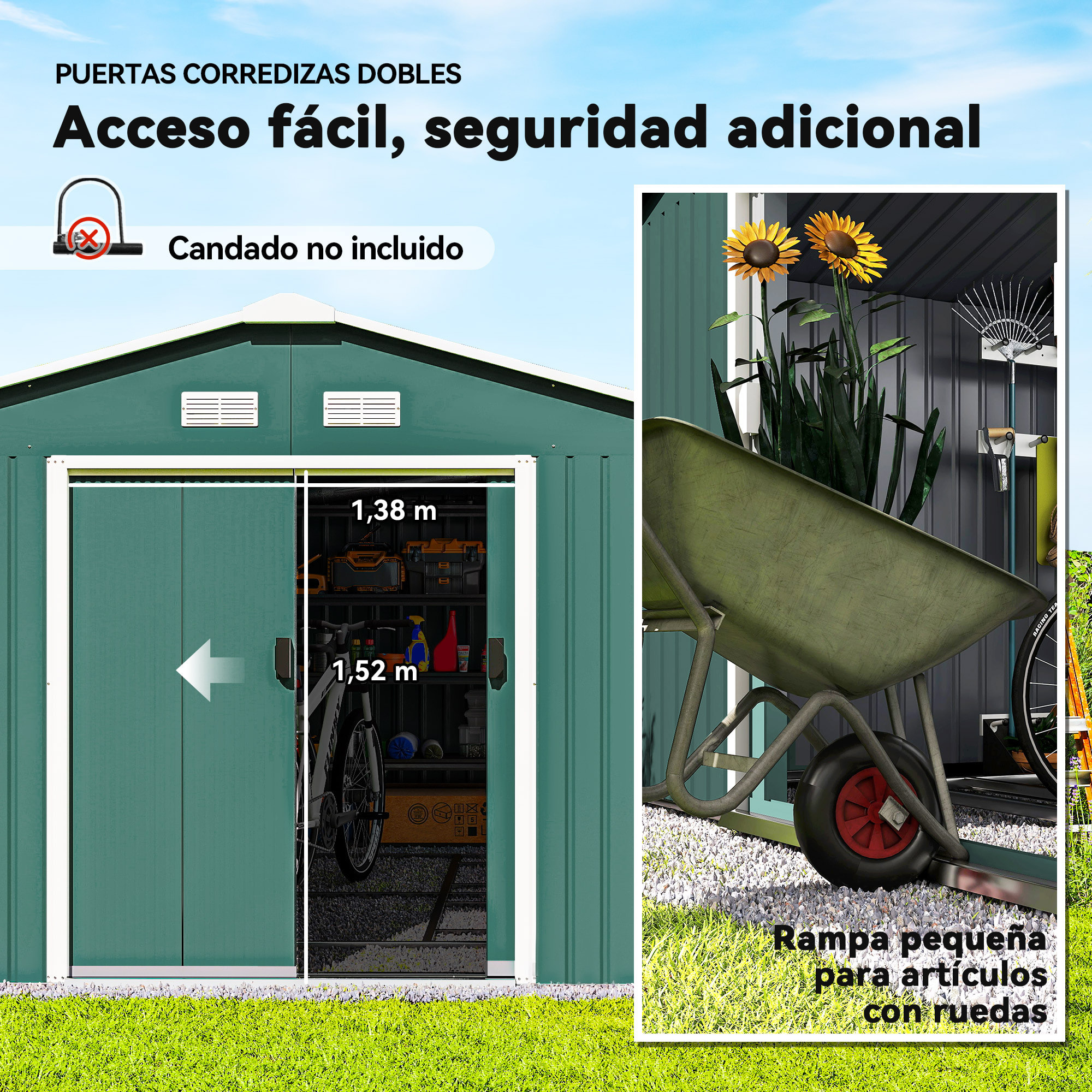 Caseta de Jardín Exterior, 12,4 m² 340x386x200 cm, Cobertizo de Jardín Exterior Metálico con Puerta Corredera, Base Refuerzo (Suelo NO Incluido) y Ventanas Verde