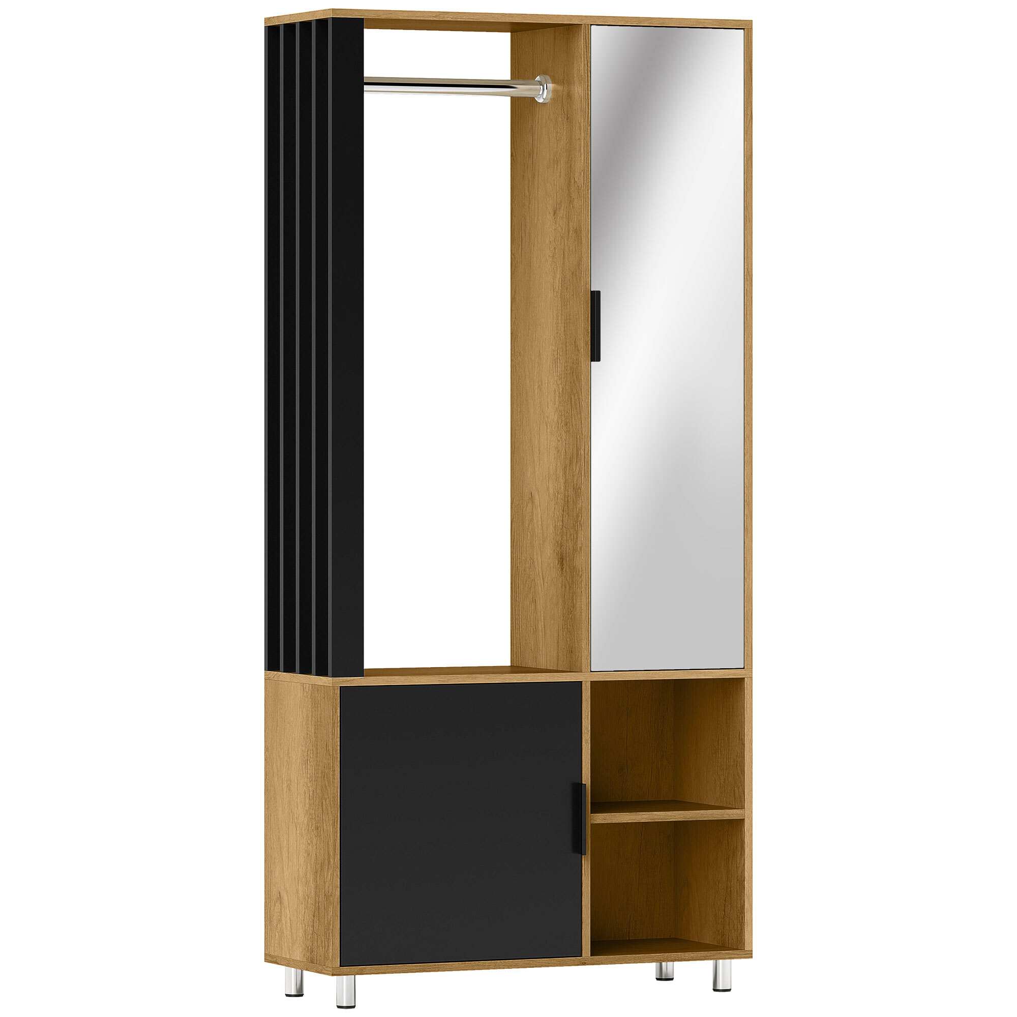 Armoire de chambre penderie dressing miroir design 2 portes, 4 étagères, 2 niches, tringle