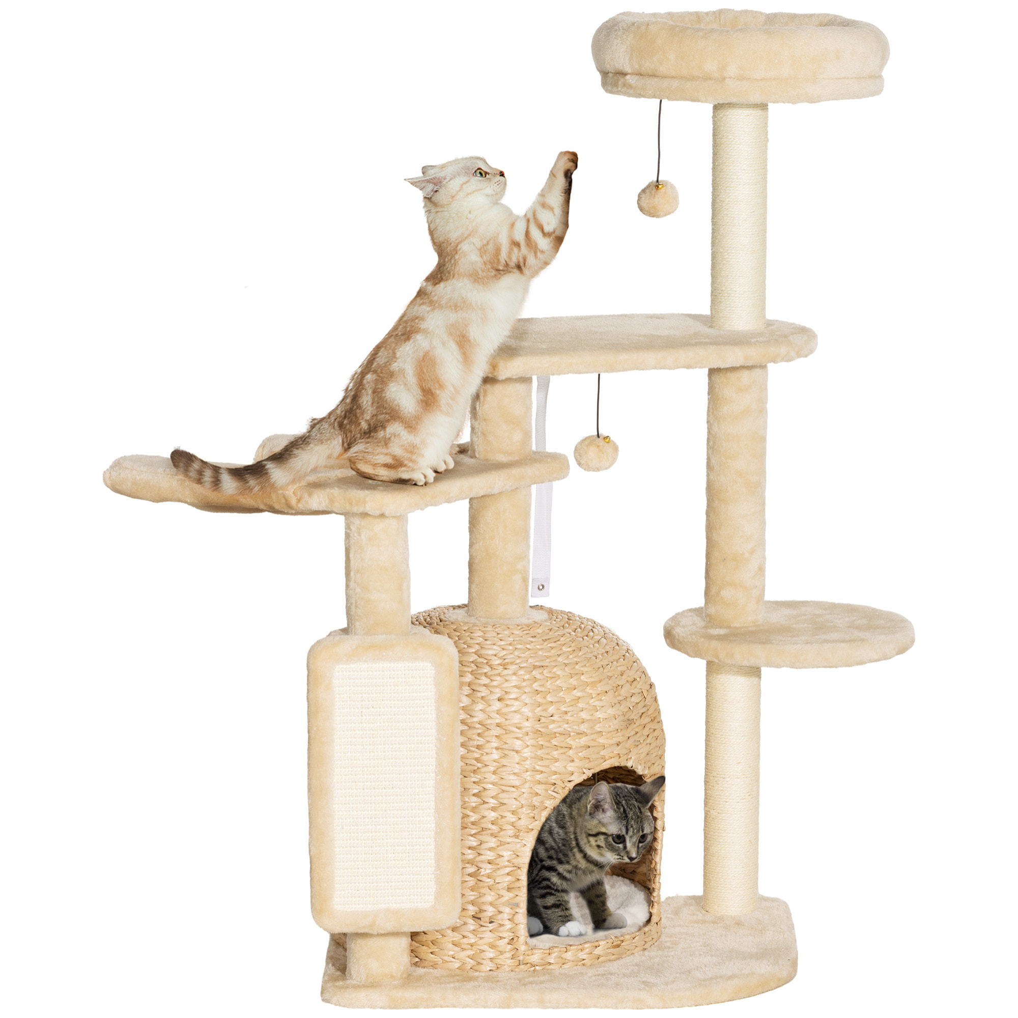 Arbre à chat style cosy chic - grande niche coussin, griffoir, grattoir, hamac, plateformes, boules - beige