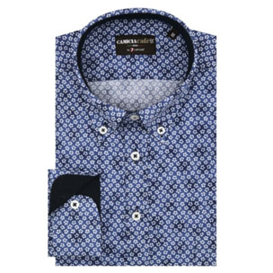Camicia Uomo 1 Bottone Button Down Slim Cotone Poliestere Stampato Blu\Bianco