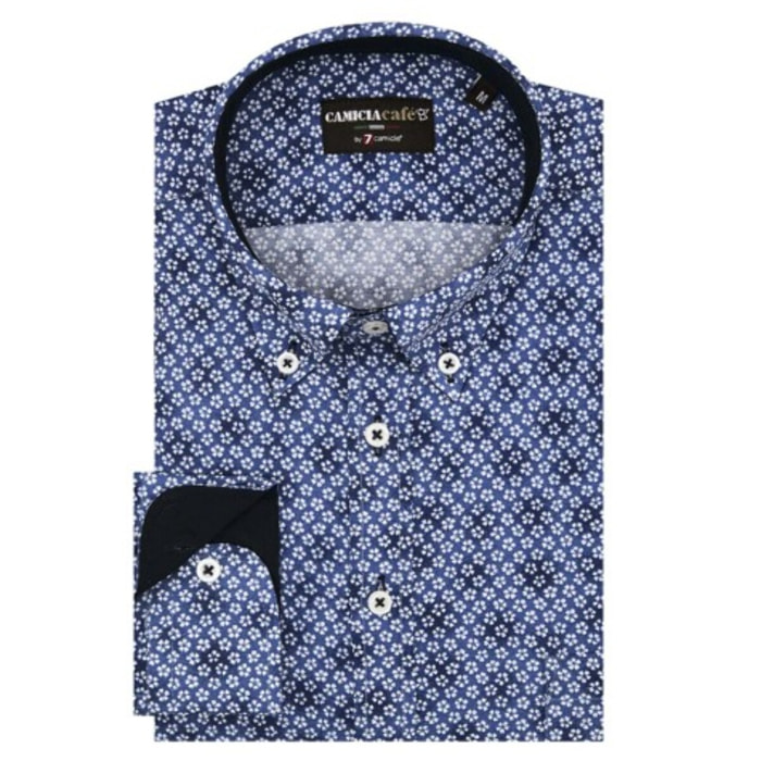 Camicia Uomo 1 Bottone Button Down Slim Cotone Poliestere Stampato Blu\Bianco