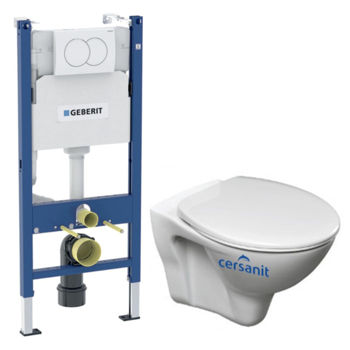 Pack WC Bati-support Geberit Duofix + WC Cersanit S-line Pro + Abattant + Plaque blanche (S-LineProGeb3)
