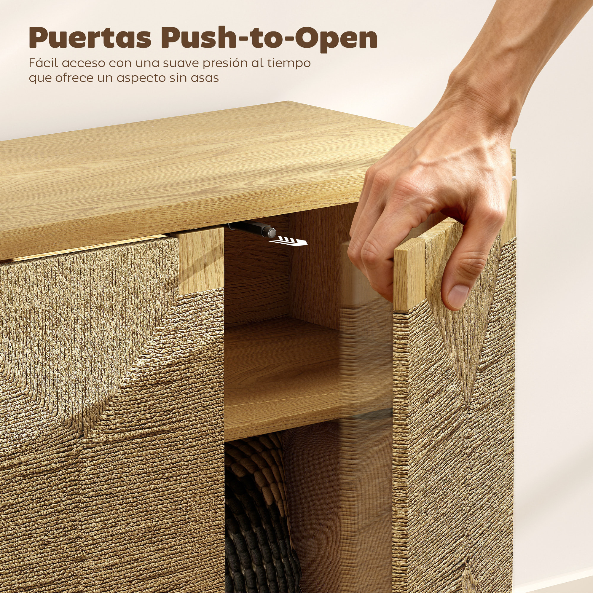 Aparador Bohemio de 2 Puertas con Cuerda Tejida a Mano, Aparador de Salón con Estante Ajustable, Apertura por Presión, Patas de Madera, Roble, 60x40x78 cm