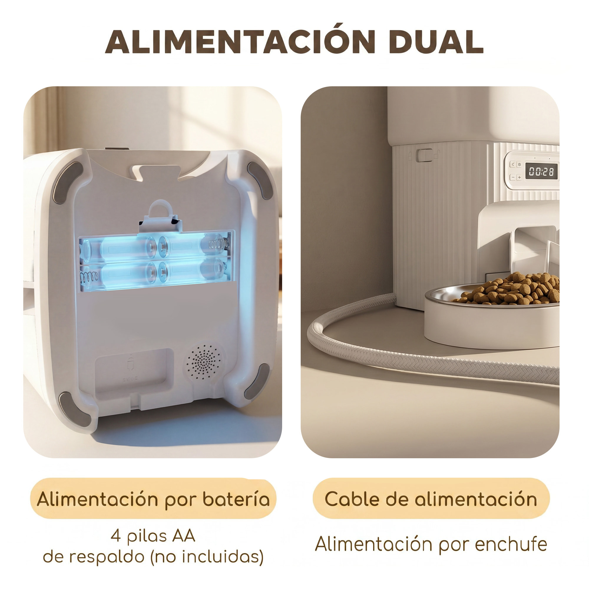 Comedero Gato Automático 4L, Dispensador Comida para Gatos/Perros con 1-6 Comidas al Día, 2 Cuencos de Acero Inoxidable, Antiatascos, 2 Fuentes de Alimentación, Fácil de Limpiar, Blanco