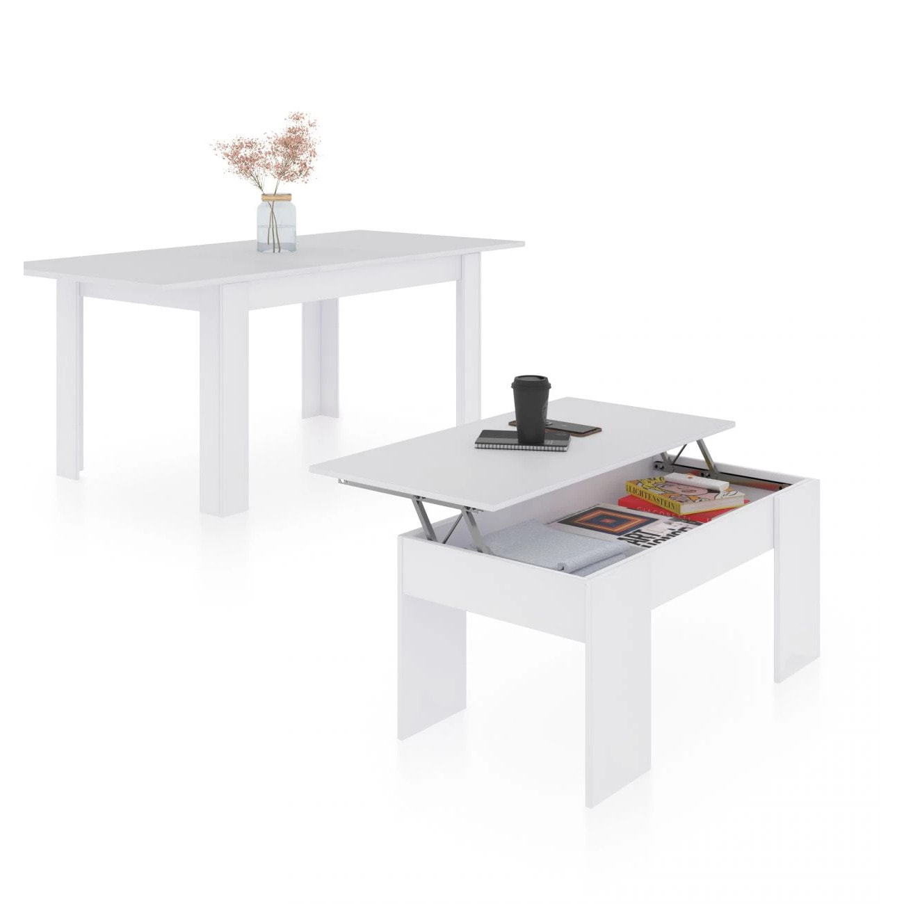 Pack mesa de comedor 140 y mesa de centro Vita Blanco Artik (Blanco Mate)