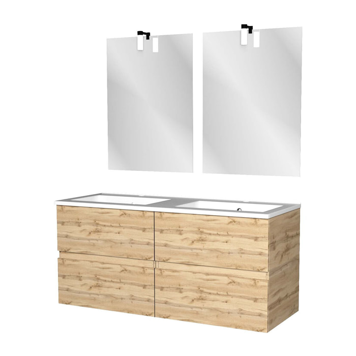 Meuble Salle de Bains 120cm 4 Tiroirs Chêne Naturel + Vasque Blanche + Miroirs avec appliques Led