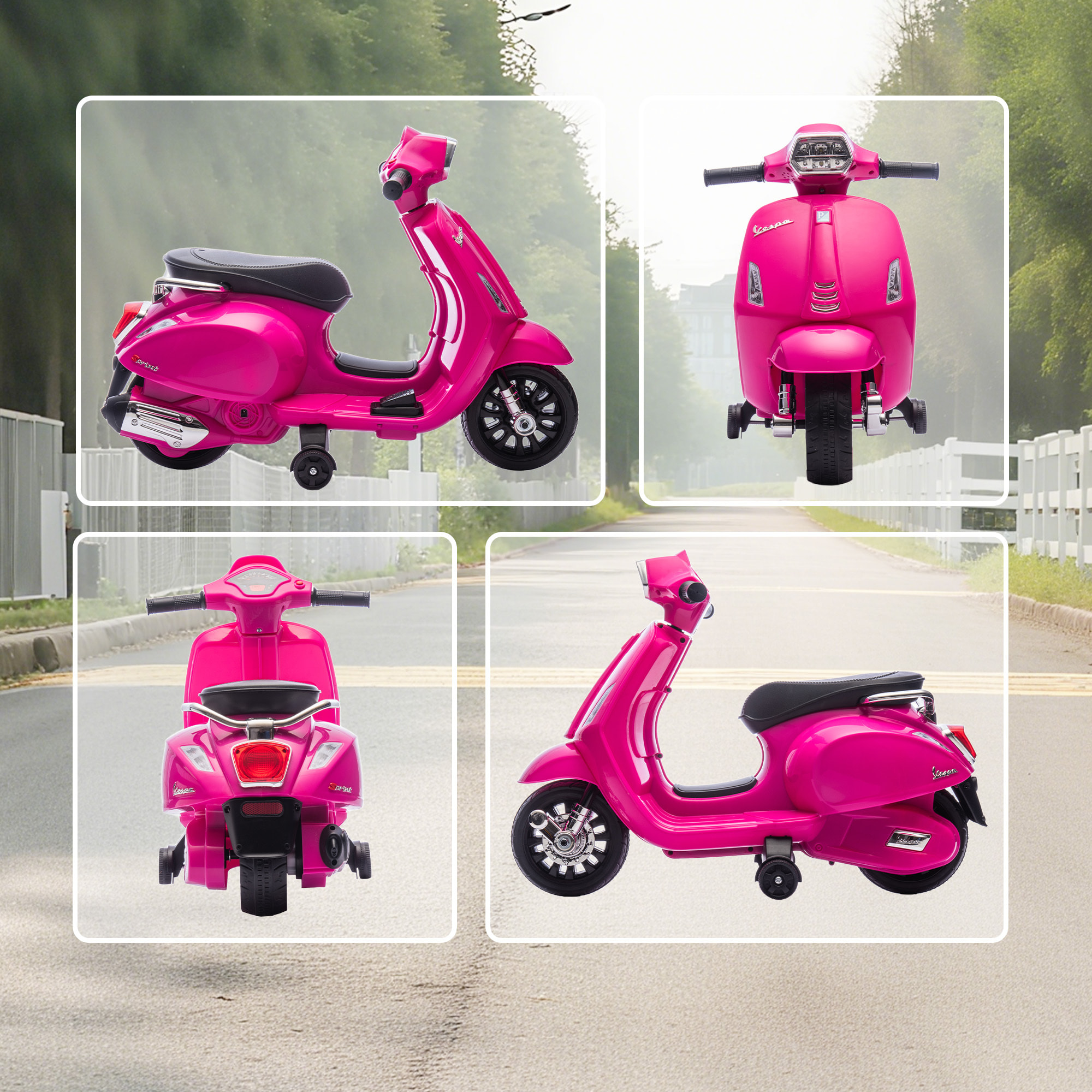 Moto Eléctrica para Niños 6V con Licencia Vespa, Moto Eléctrica Infantil con Ruedas Auxiliares de 6,9'', Velocidad de 2,5km/h, Faro y Bocina, para Niños de 2-6 Años, Rosa