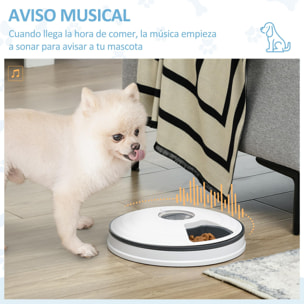 Alimentador Automático para Gatos y Perros Comedero Automático para Mascotas con Temporizador Pantalla LED Digital 6 Cuencos 128 ml y 4 Comidas al Día Ø30,5x7,2 cm Blanco