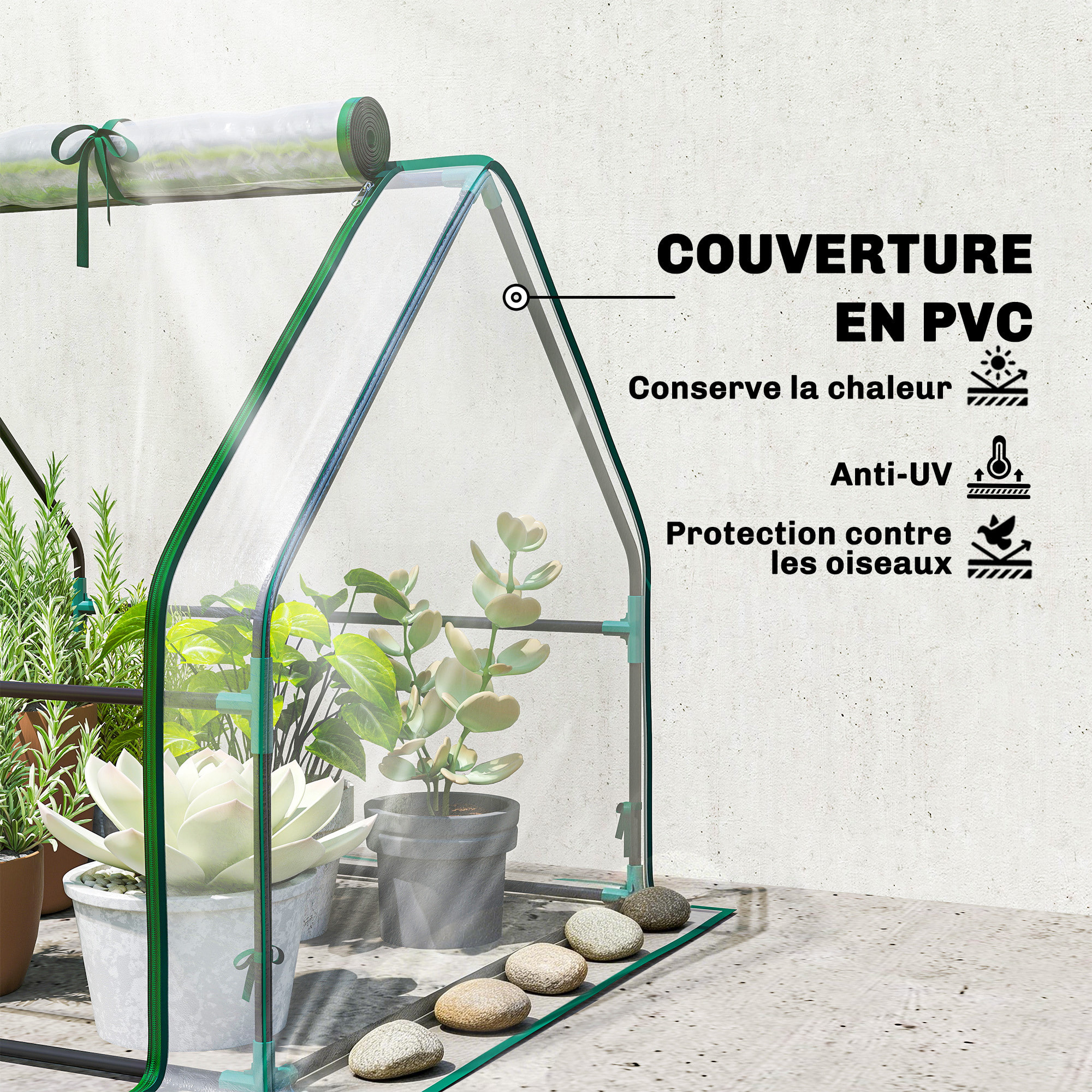Mini serre de jardin serre à tomates 180L x 90l x 90H cm acier PE haute densité 140 g/m² anti-UV 2 fenêtres avec zip enroulables transparent