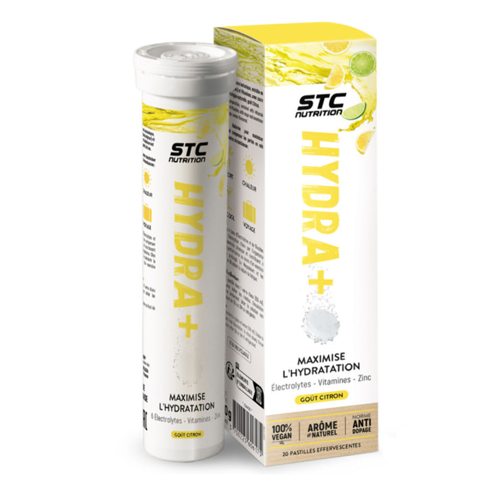 STC NUTRITION - Hydra+ - Préparation pour boisson isotonique à base d'Électrolytes, Vitamines, sucre et édulcorant naturels - Citron - Optimise l'hydratation - 20 Pastilles