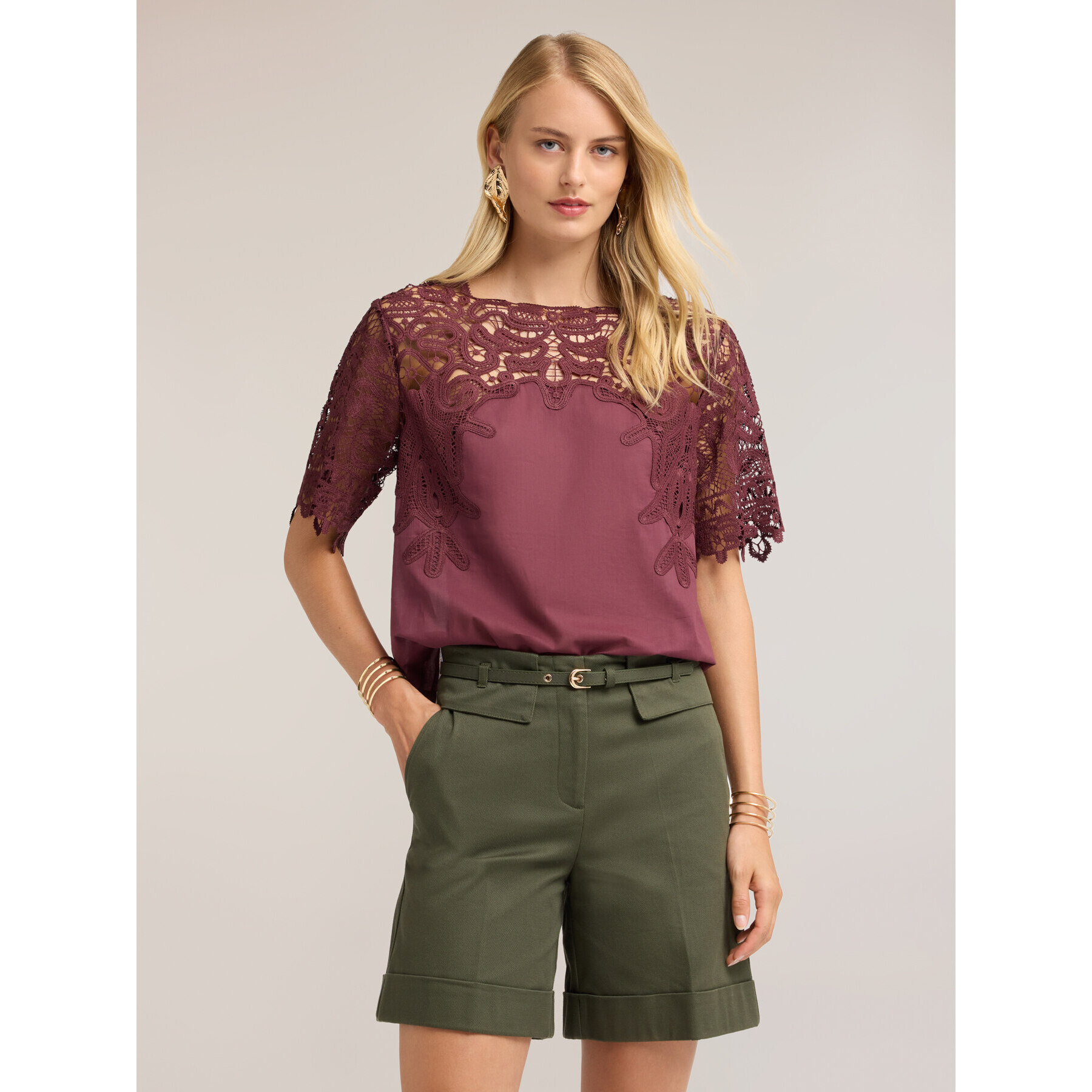Motivi - Blusa in cotone con inserto in macramé - Viola
