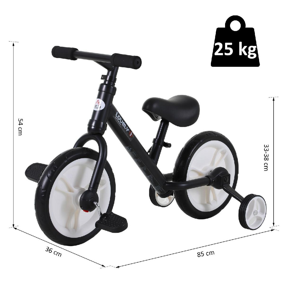 Vélo enfant draisienne 2 en 1 roulettes et pédales amovibles roues 11'' hauteur selle réglable acier noir