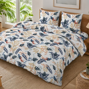 Parure housse de couette 100% percale de coton motif topical feuillage et oiseaux - Oizel