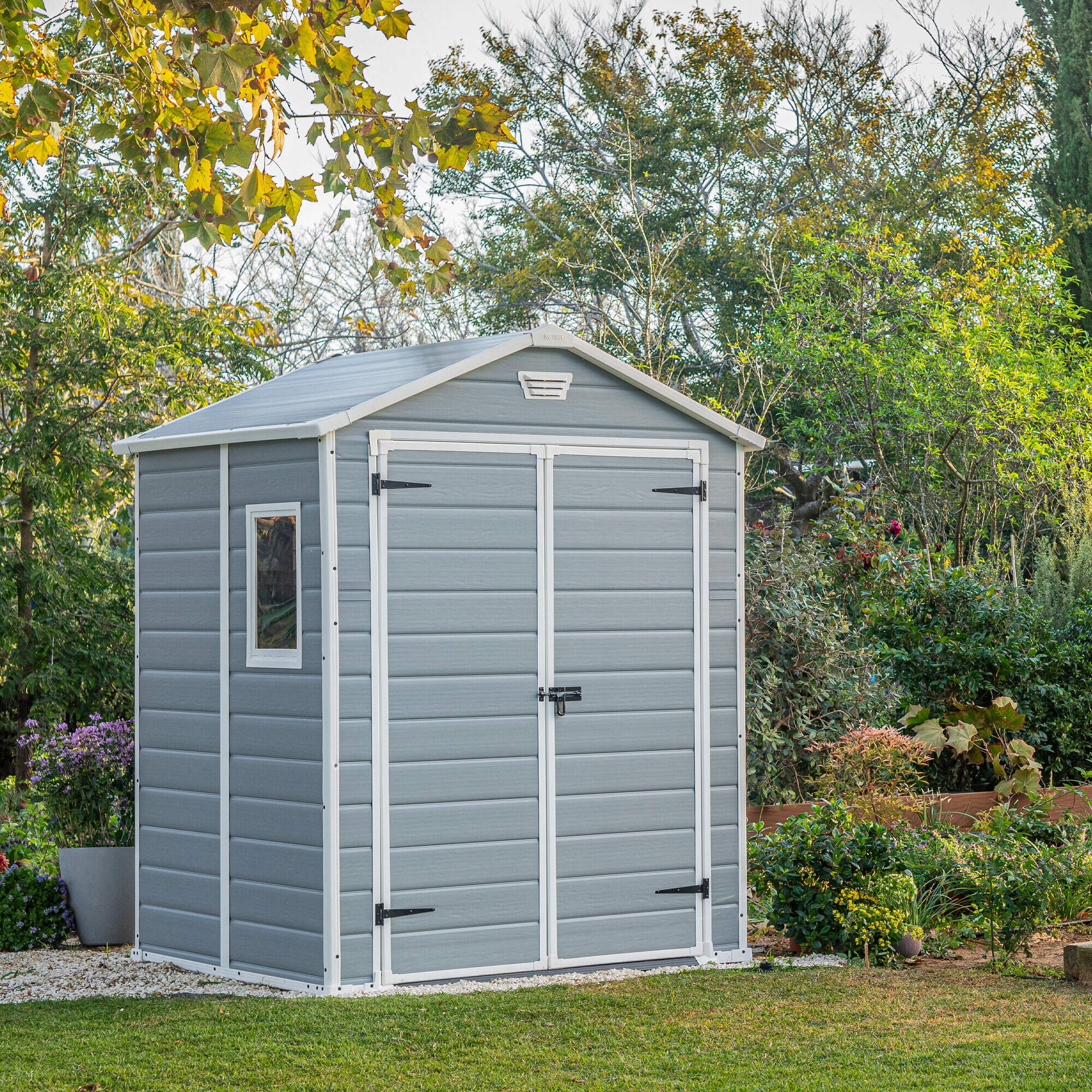 Manor 6x5 - Casetta da Giardino 185x226x152 cm 2 Ante per deposito attrezzi finitura effetto legno graffiato in Resina Grigio