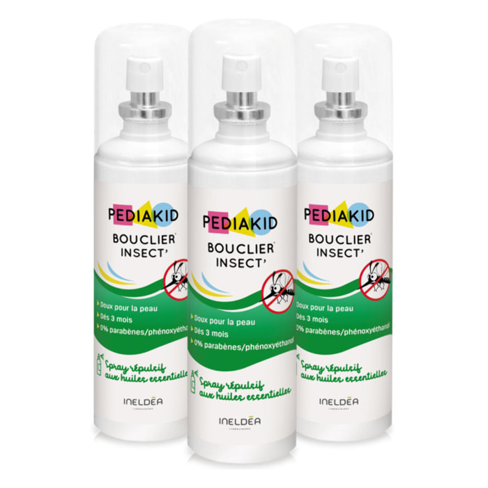 PEDIAKID - Bouclier Insect'- Spray Répulsif aux Huiles Essentielles - Contre les moustiques, tiques et guêpes - Dès 3 mois - Lot de 3 Flacons 100ml