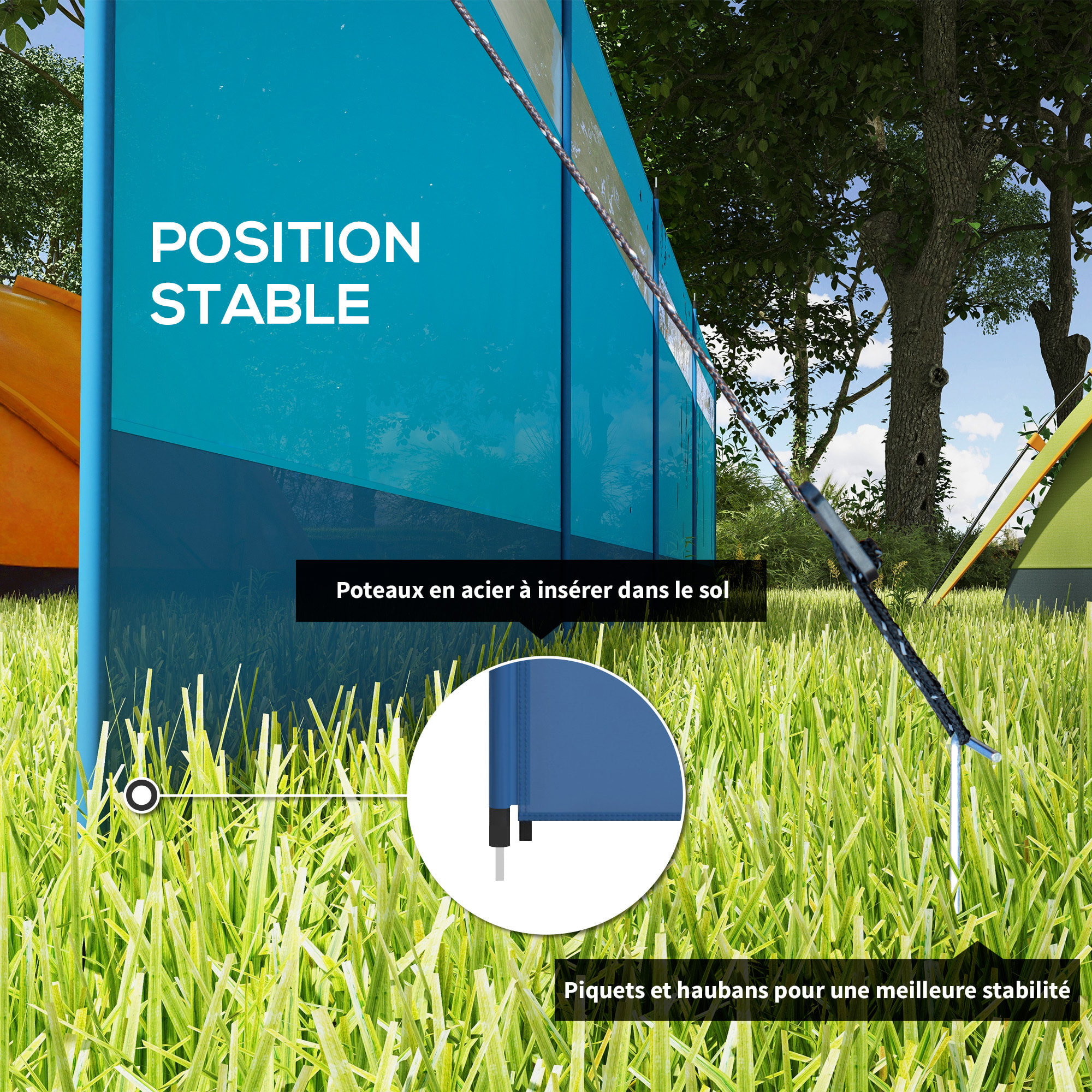 Paravent brise-vue camping plage portable pliable avec sac de transport et poteaux acier dim. 725L x 140H cm bleu