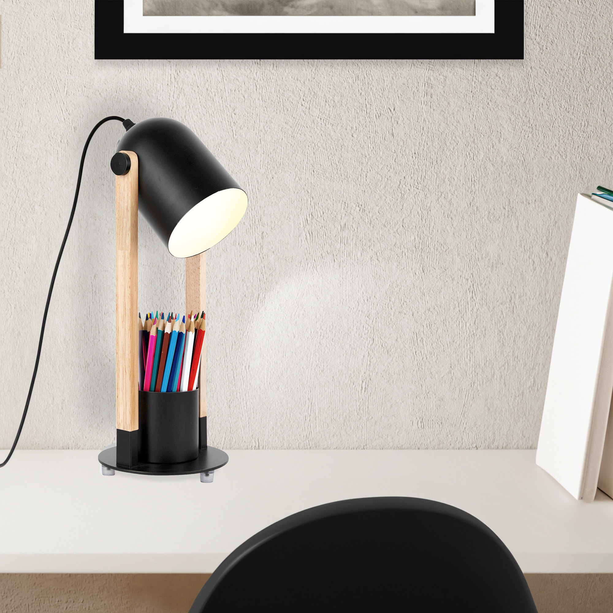 Forlight - Lámpara de Escritorio con Diseño Elegante y Funcional, Flexo E27 15W, Acero Negro y Madera Clara, Base con Lapicero, Altura 410 mm, Ideal para Oficina y Estudio