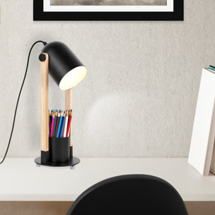 Forlight - Lámpara de Escritorio con Diseño Elegante y Funcional, Flexo E27 15W, Acero Negro y Madera Clara, Base con Lapicero, Altura 410 mm, Ideal para Oficina y Estudio