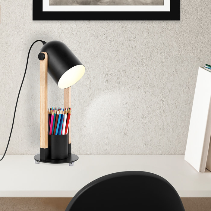 Forlight - Lámpara de Escritorio con Diseño Elegante y Funcional, Flexo E27 15W, Acero Negro y Madera Clara, Base con Lapicero, Altura 410 mm, Ideal para Oficina y Estudio