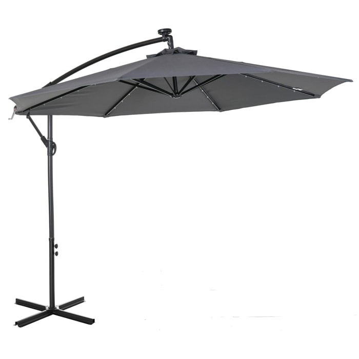 Parasol déporté octogonal parasol LED inclinable manivelle piètement acier dim. Ø 3 x 2,6H m gris