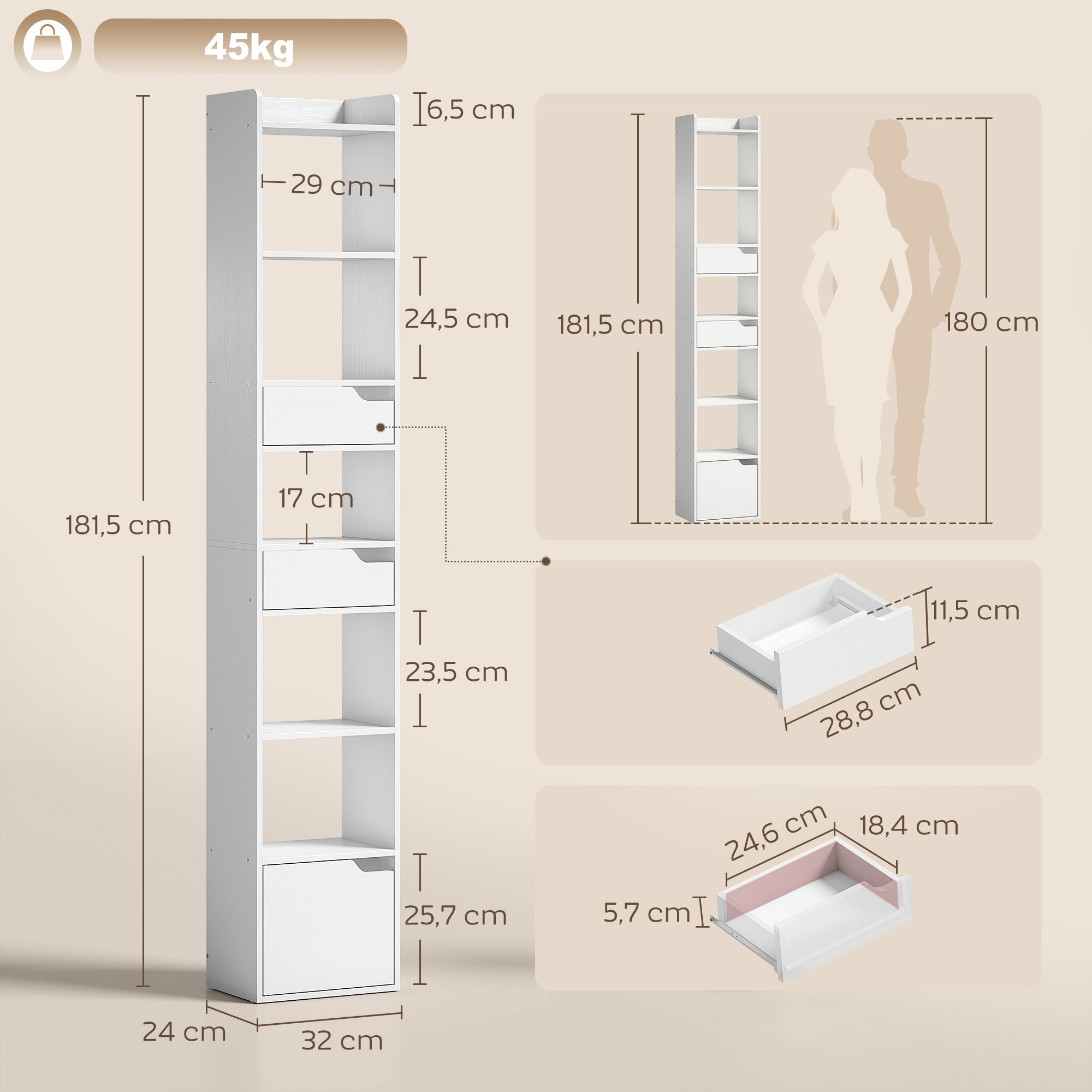 Estantería para Libros con 2 Cajones y Puerta, Librería Estrecha con 6 Estantes Abiertos, Armario Alto para Salón, Estudio, Oficina, 32x24x181,5 cm, Blanco